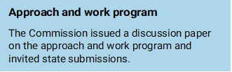 Timeline 2.2 - Approach and work program The Commission issued a discussion paper on the approach and work program and invited state submissions.