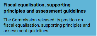 Timeline 5 - Fiscal equalisation supporting principles and guidelines The Commission released its position on fiscal equalisation, supporting principles and assessment guidelines.