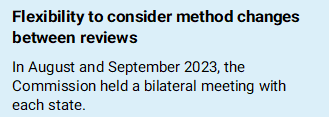 Timeline 6 - Flexibility to consider method changes between reviews In August and September 2023, the Commission held a bilateral meeting with each state. 