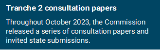 Timeline 7 - Tranche 2 consultation papers Throughout October 2023, the Commission released a series of consultation papers and invited state submissions. 