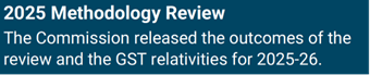 Timeline item 12 - 2025 Methodology Review  The Commission released the outcomes of the review and the GST relativities for 2025-26.